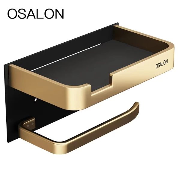 MSEVC Black Gold Toilet Paper Holder Bathroom Wall Mount Multifunction WC Paper Phone Holder Shelf Towel Roll Shelf Accessories